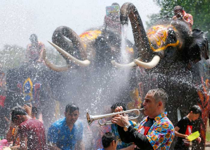 tailandia, ayutthaya, festival del agua, ano nuevo budista, elefantes que salpican,