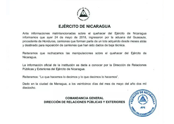 nicaragua, ejercito, camiones, reposicion, aclaracion, manipulacion,