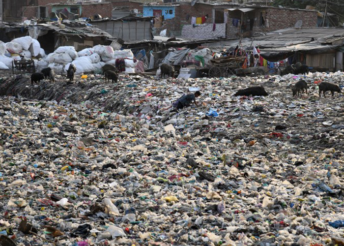 mar de basura, india, suburbios, ciudades, barrios, 