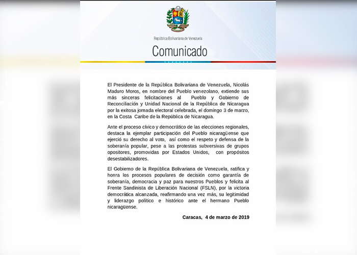 Gobierno de Venezuela saluda al Pueblo y Gobierno de Nicaragua por exitosas elecciones regionales en la costa caribe de Nicaragua  