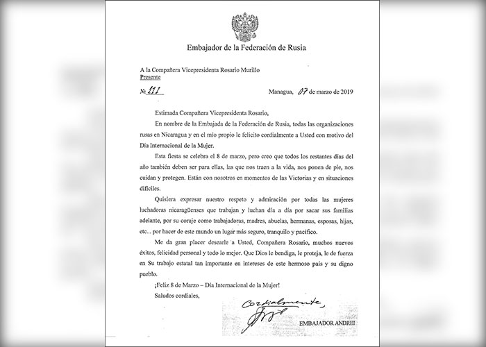 Mensaje de la Embajada de Rusia a la Vicepresidenta de Nicaragua, Rosario Murillo 