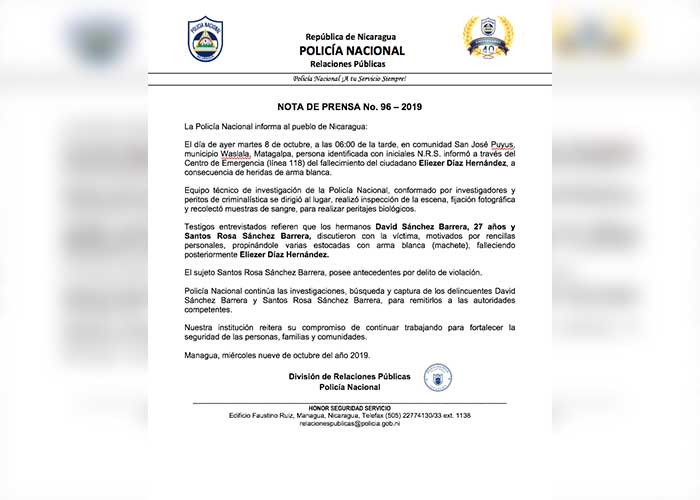 nicaragua, matagalpa, policia nacional, crimen, informe,
