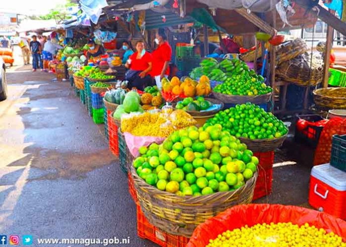 Tramos de frutas y verduras fresca en el mercado de Managua