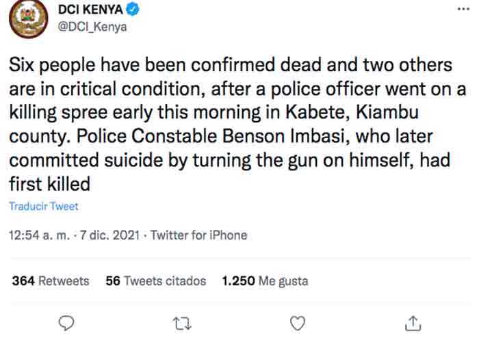 Oficial de policía de Kenia mató a su esposa y a seis civiles