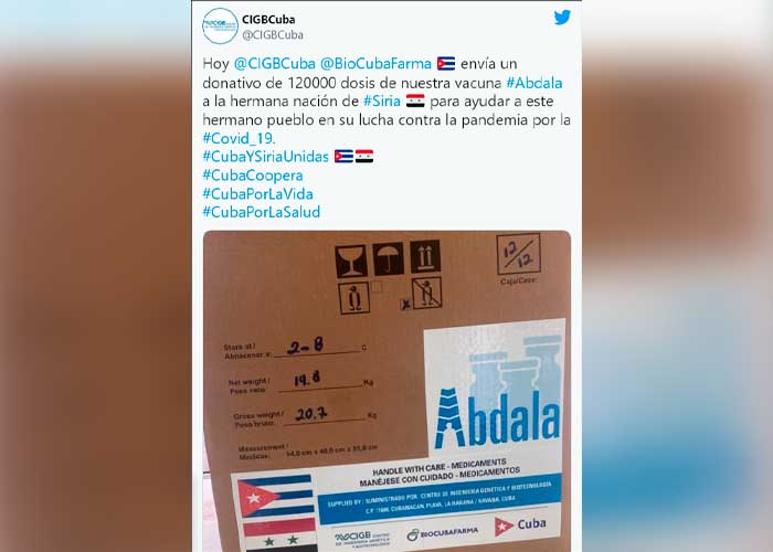 Cuba envía vacunas Abdala para la lucha contra la pandemia en Siria
