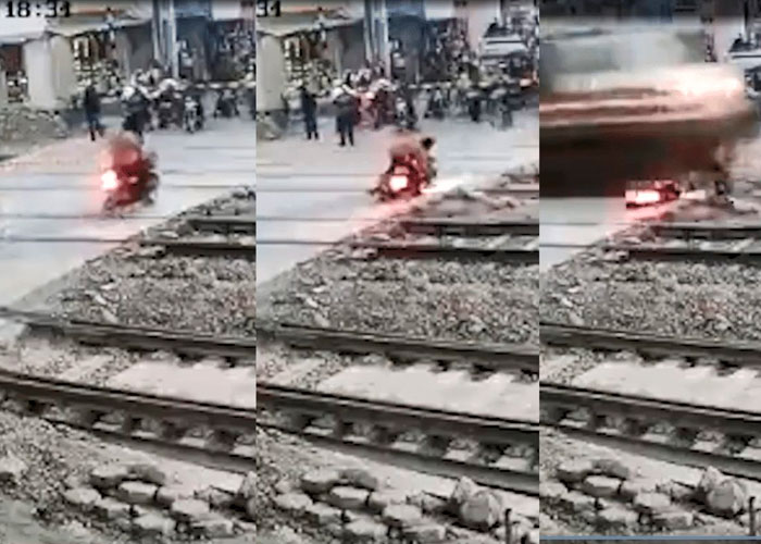 ¡De película! Motociclista se salvó de la muerte tras ser embestido por tren