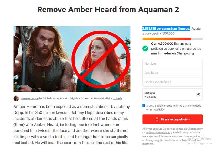 Más de 3 millones firman para que Amber Heard salga de "Aquaman 2"