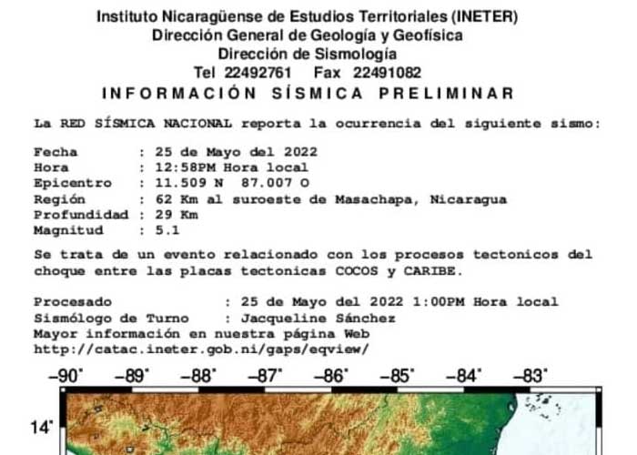  Información sobre sismo en el Pacífico de Nicaragua