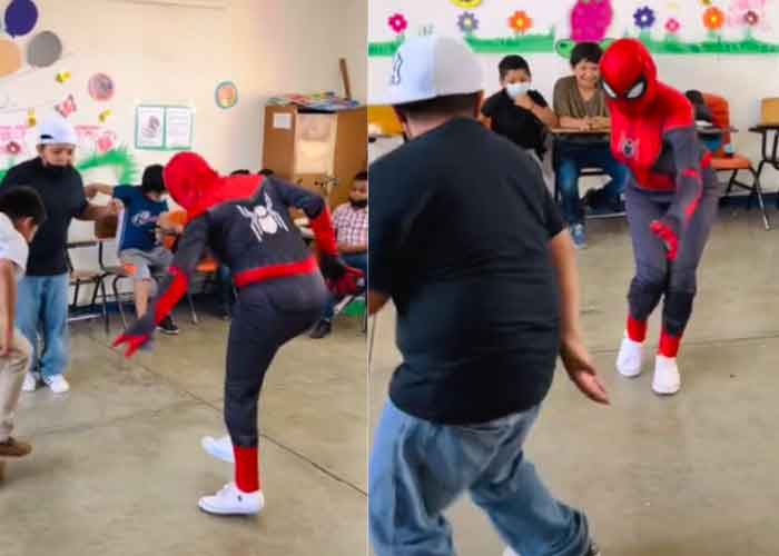 Video: Maestra vestida de Spider-Man enseña a bailar cumbia