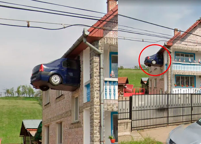 Google Maps captó un carro estrellado en el segundo piso de una casa