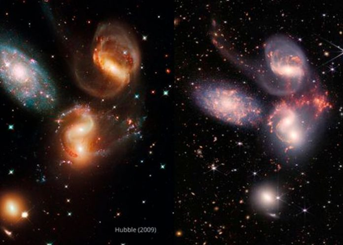 El quinteto de Stephan, fue registrada en 2009 por el telescopio Hubble (a la izquierda). Recientemente, volvió a ser capturada por el Webb.