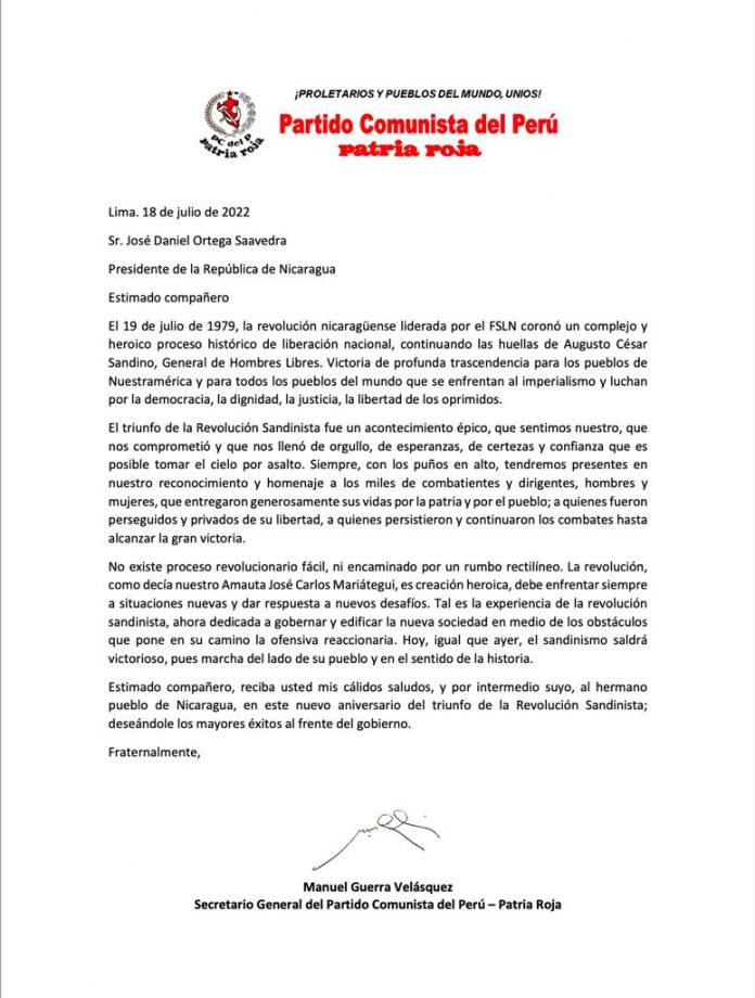 Partido Comunista de Perú saluda a Nicaragua por el 43/19