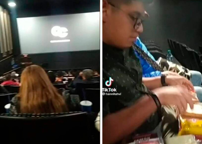 Joven se prepara un sándwich en plena sala de cine