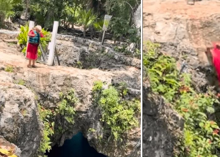 Señora ¡cae de panza! en cenote en Cancún