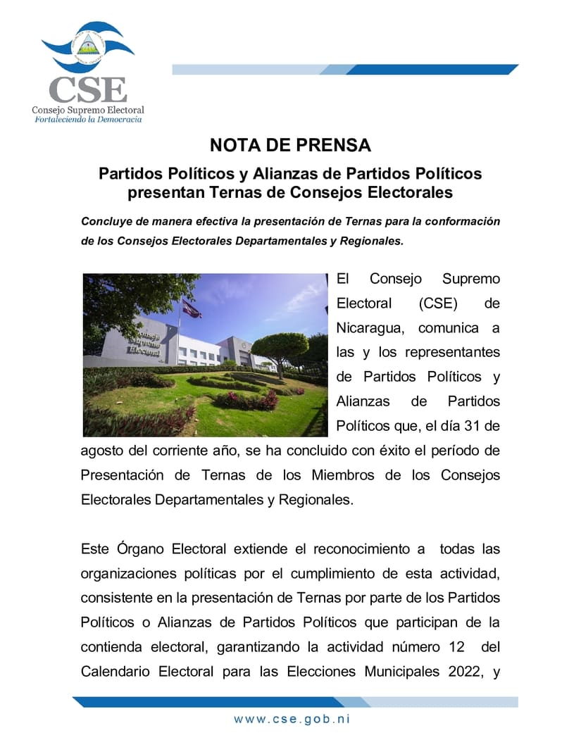 Presentan Ternas de Consejos Electorales en Nicaragua