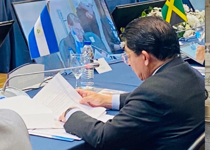 La Delegación de Nicaragua estuvo integrada por el Compañero Denis Moncada Colindres, Ministro de Relaciones Exteriores