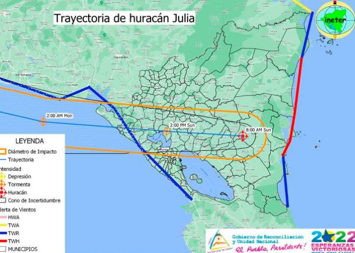 Mapa de la trayectoria del Huracán Julia por Nicaragua