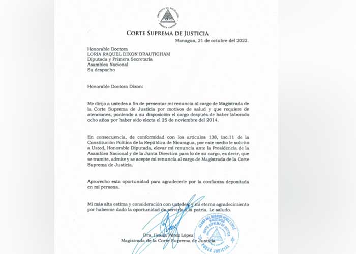 Magistrada Ileana Pérez renunció a su cargo en CSJ por motivos de Salud 