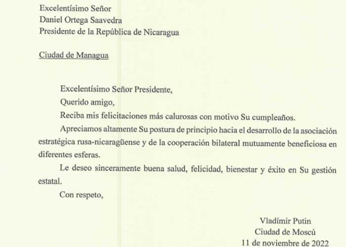 Presidente Vladimir Putin envió felicitaciones a Cmdte. Daniel Ortega