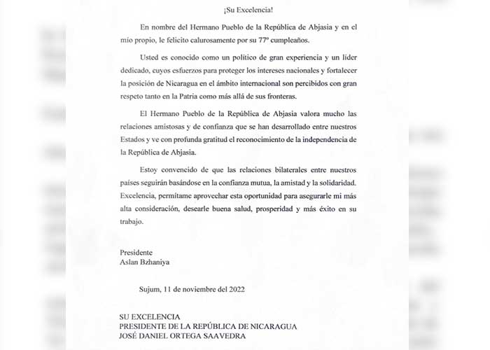 Aslan Bzhaniya, presidente de Abjasia remitió mensaje al presidente de Nicaragua