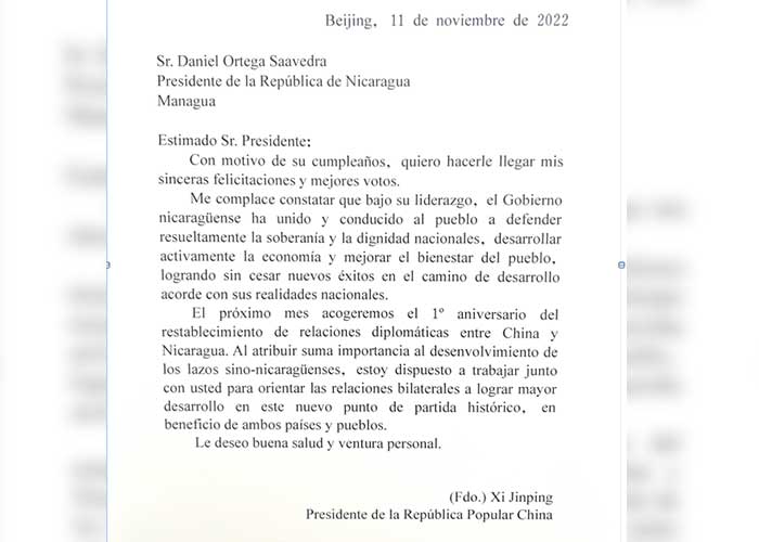Presidente de la República Popular China, Xi Jinping, felicitó a Cmdte. Daniel Ortega