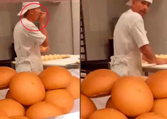 Graban a panadero lamiendo la masa antes de meterla al horno (Video)