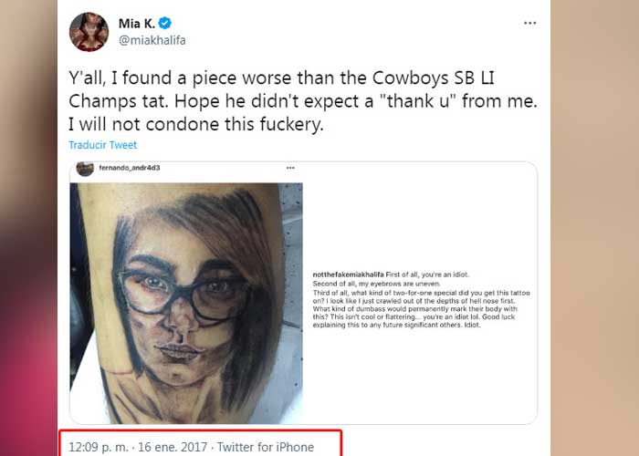 Seguidor se tatúa rostro de Mia Khalifa y ella lo critica