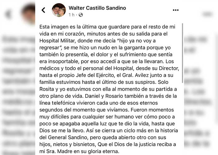 Walter Castillo Sandino envía un mensaje tras el fallecimiento de Blanca Sandino Aráuz