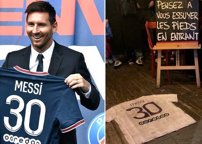 "Límpiate los pies" Bar de Francia usa la camiseta de Messi como alfombra