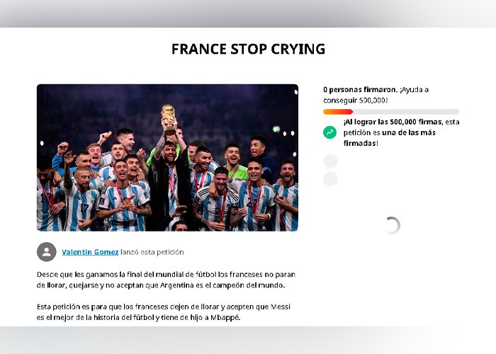 Argentinos responden: Reúnen firma para que Francia deje de "llorar"