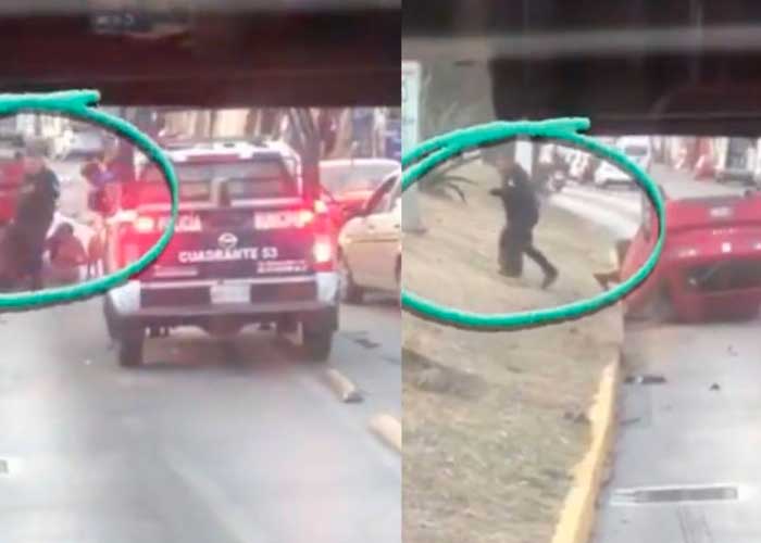 Video (Policía se peina mochila en pleno accidente)