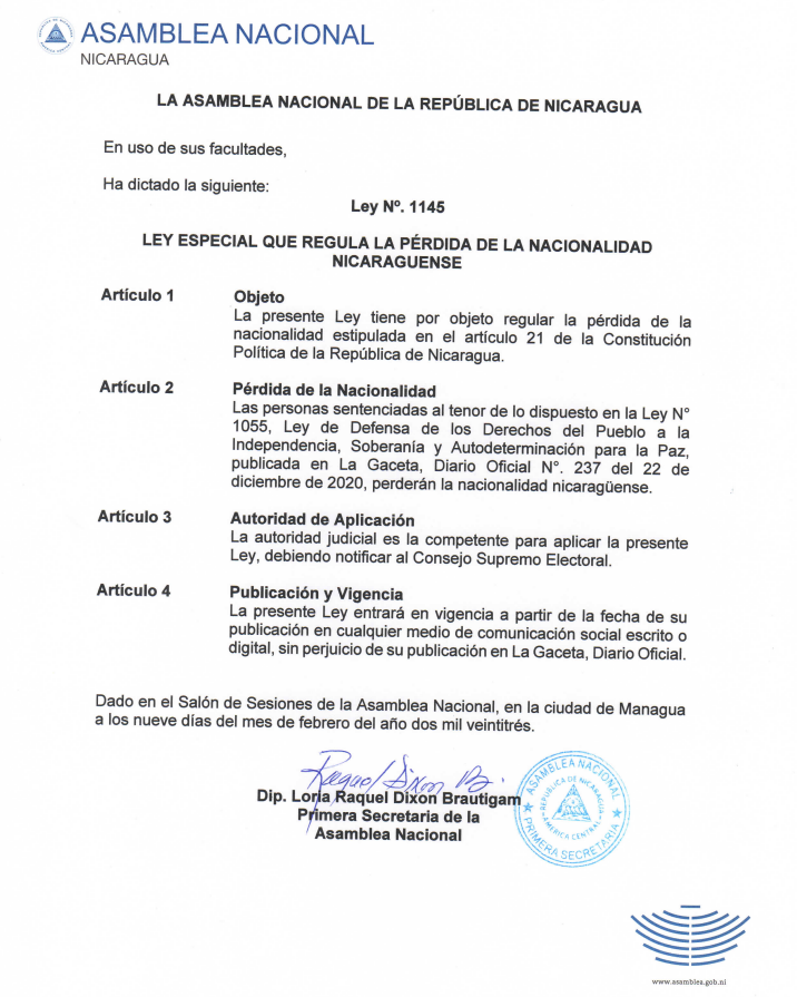 Asamblea Nacional dicta Ley Especial que Regula la Pérdida de la Nacionalidad Nicaragüense