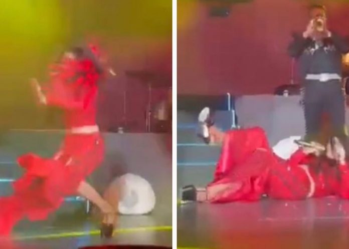 Ana Bárbara se da tremenda caída en pleno concierto (VIDEO)