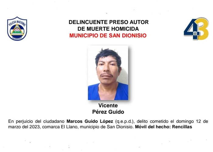 Policía captura a dos homicidas junto a otros delincuentes en Matagalpa