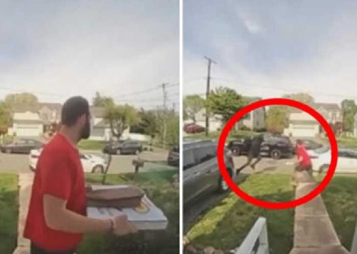Momento épico cuando repartidor de pizza ayuda a detener a un ladrón