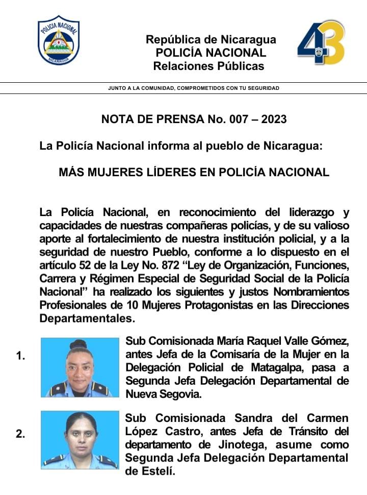 Foto: Autoridades de Nicaragua reconocen el liderazgo de compañeras Policías / Cortesía