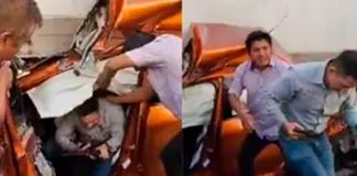 Hombre sale ileso al ser aplastado por un tráiler (VIDEO)