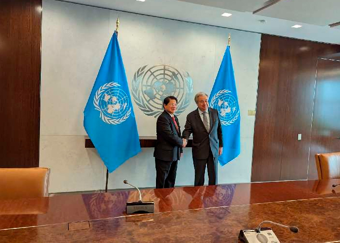 Canciller de Nicaragua, Denis Moncada, junto secretario de las Naciones Unidas, António Guterres