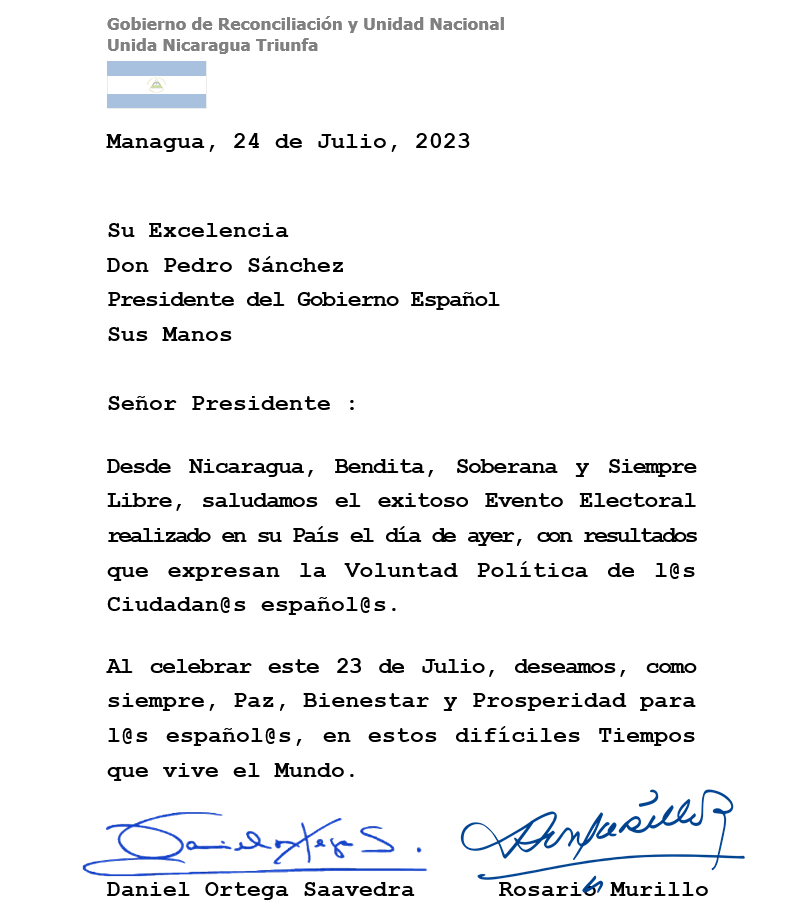Nicaragua felicita al presidente de España por la victoria electoral 