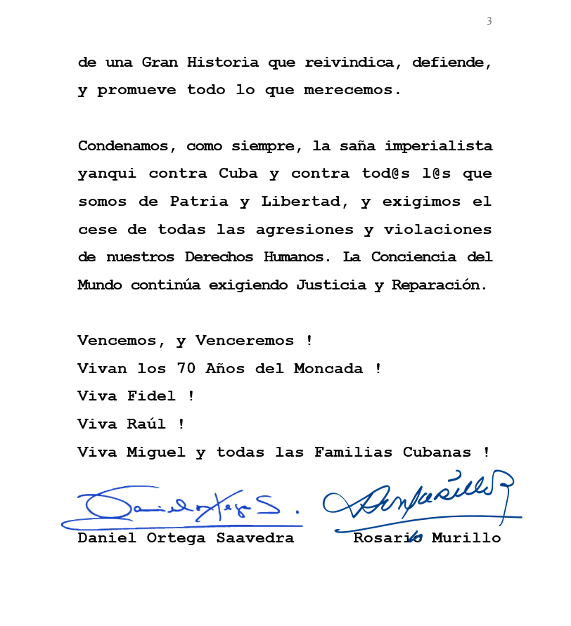 Nicaragua envía un mensaje a Cuba por la conmemoración del asalto al cuartel Moncada