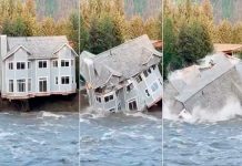 Una casa se desploma sobre un río en medio de las inundaciones en EE.UU