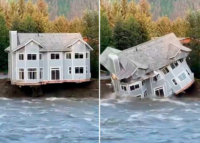 Una casa se desploma sobre un río en medio de las inundaciones en EE.UU