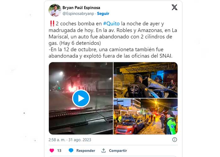 Seis personas detenidas por el coche bomba que estalla en Quito