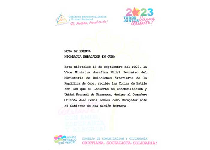 Cuba recibió las Copias de Estilo del nuevo embajador nicaragüense