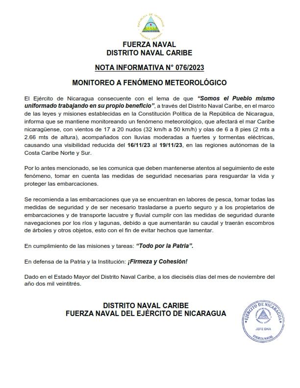 Ejército de Nicaragua emite recomendaciones para embarcaciones 