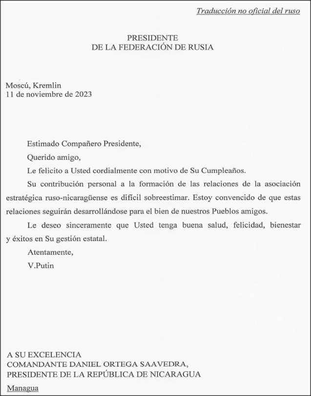 Foto: Mensaje del presidente Vladimir Putin al presidente , Comandante Daniel Ortega /Cortesía