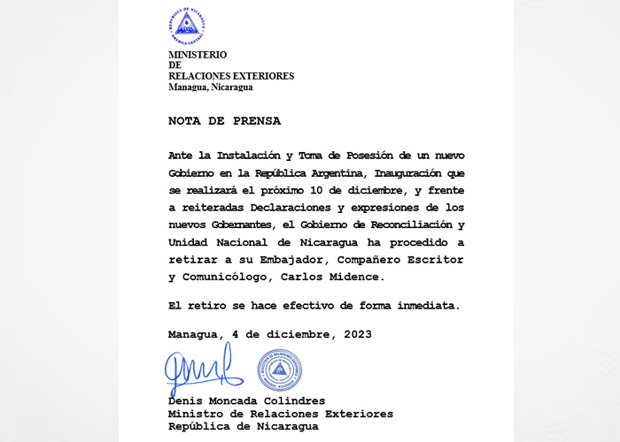 Nicaragua retira a su Embajador en Argentina