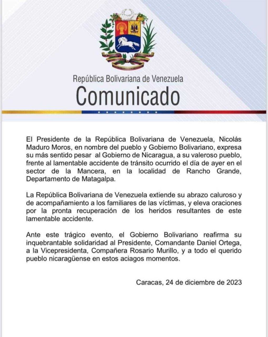 Venezuela se solidariza con las familias de las víctimas del accidente de tránsito ocurrido en Matagalpa