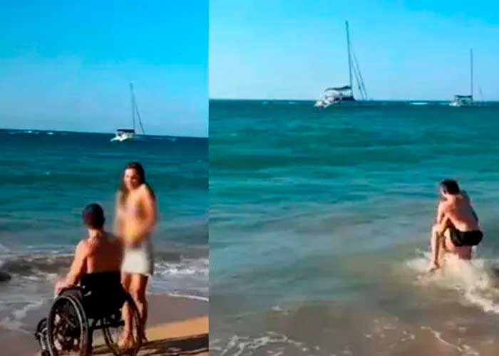 Lleva a su novio en silla de ruedas a conocer la playa