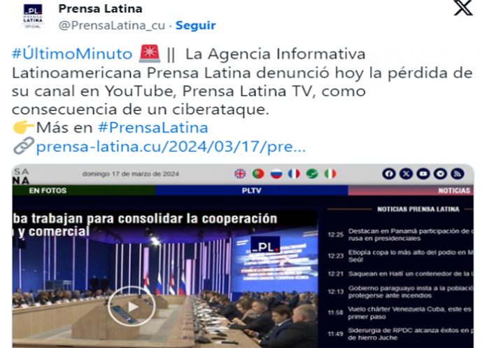 Prensa Latina denuncia ciberataque a su Canal de YouTube